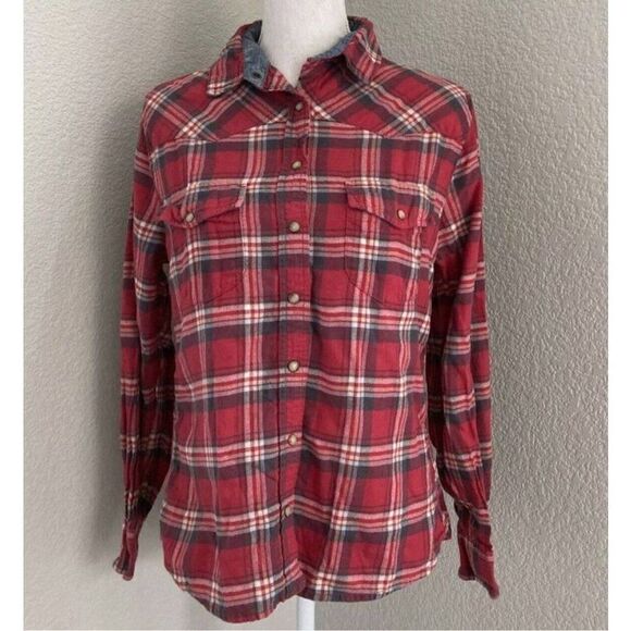 Bea JACHS Girlfriend Womens Red Plaid Flannel Button Down Size Small - Picture 3 of 9